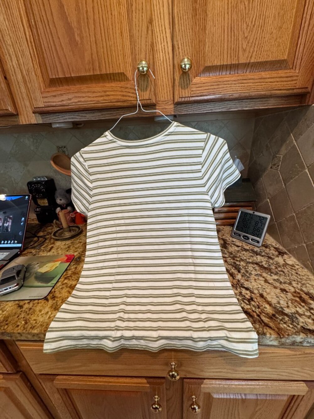 Liverpool Los Angeles Short Sleeve Striped Classic Pullover White & Olive Grn S - Picture 5 of 5